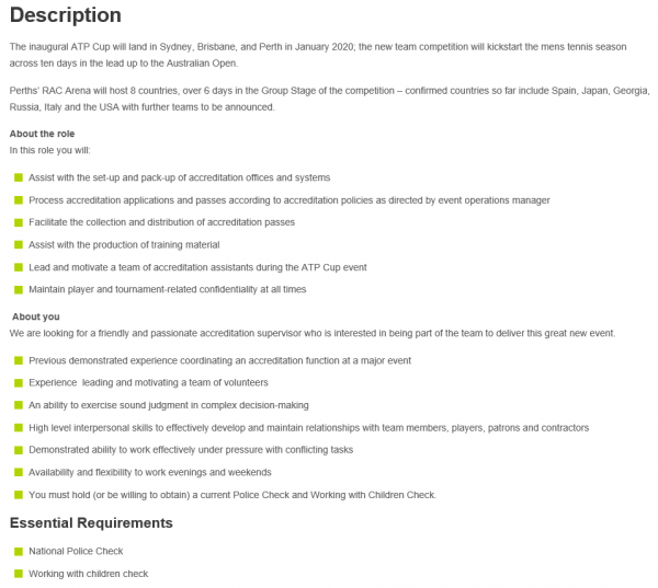 ATP Cup Perth - Accreditation Supervisor