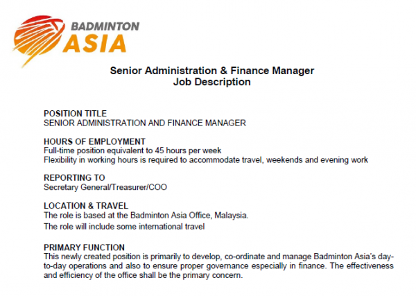 Badminton Asia, Senior Administration and Finance Manager