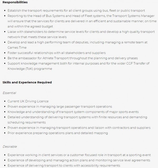 Birmingham 2022, Transport Systems Manager