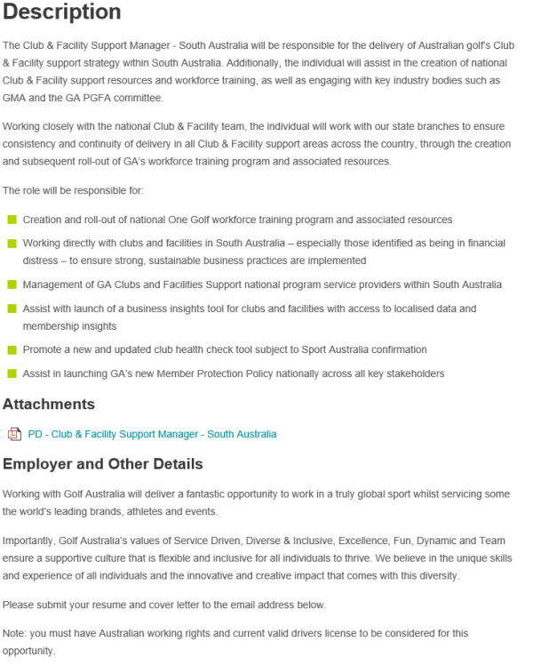 Clubs &amp; Facilities Support Manager - South Australia