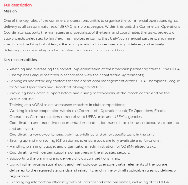 Commercial Operations Coordinator (UEFA Champions League)