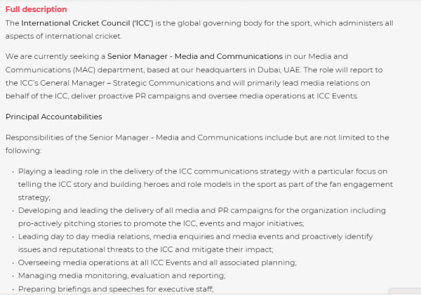 Dubai, ICC Senior Manager - Media and Communications