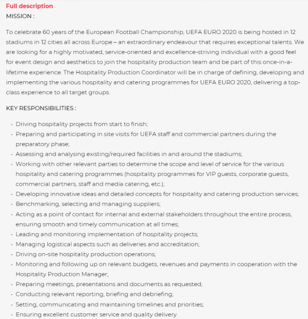 Euro 2020 Hospitality Production Coordinator