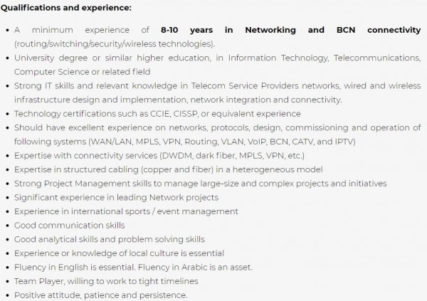 FIFA, Technology Specialist- Network BCN expert