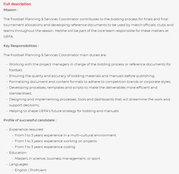Football Planning &amp; Services Coordinator