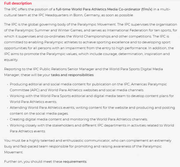 IPC, World Para Athletics Media Co-ordinator