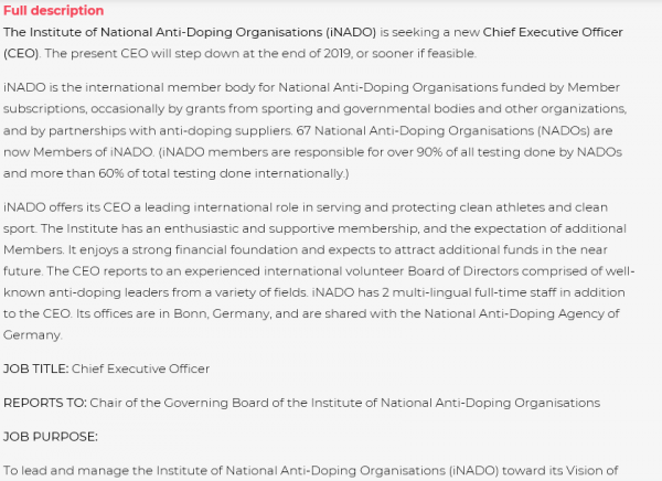 [경력] 독일, Bonn, National Anti-Doping Organisations (NADOs), Chief Executive Officer
