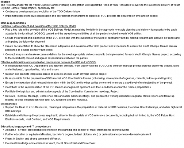 Project Manager, YOG Planning &amp; Integration