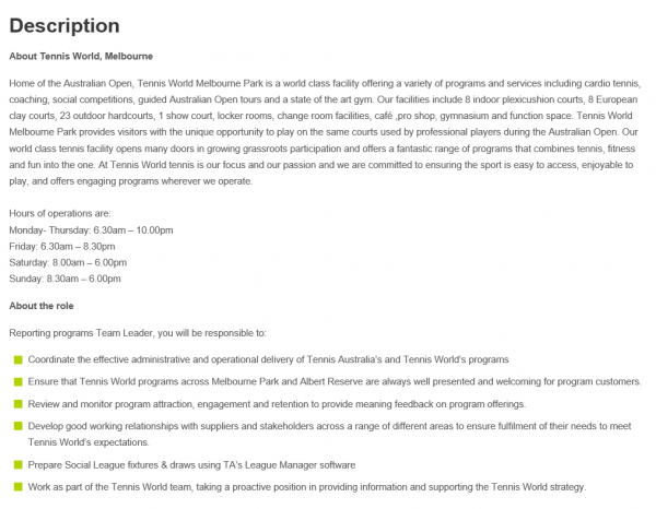 Tennis Australia, Competitions and Tournaments Coordinator