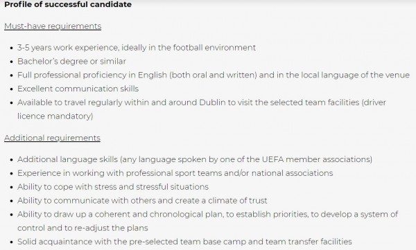 UEFA Euro 2020, Dublin Team Services Coordinator - Euro 2020