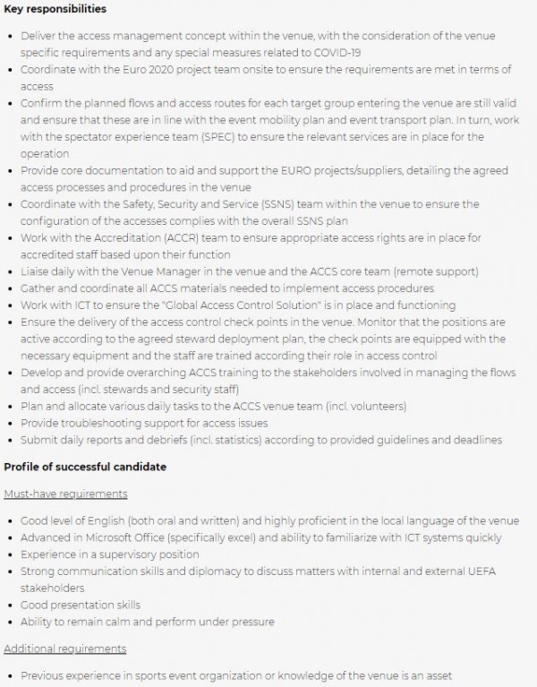 UEFA Euro 2020, Dublin Venue Access Manager - Euro 2020