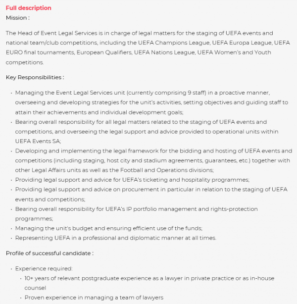 UEFA, Head of Event Legal Services