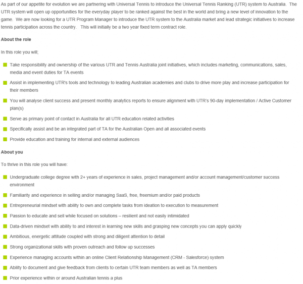 Universal Tennis Ranking System (UTR) Program Manager