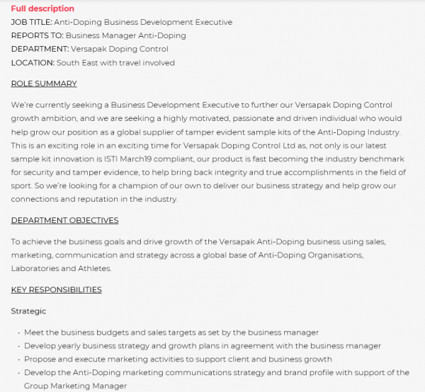 Versapak, Anti-Doping Business Development Executive