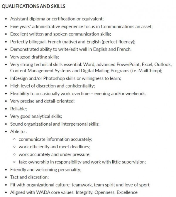 WADA, Communications Assistant