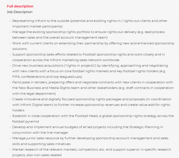 Zug, Infront, Associate Director Football Sponsorship